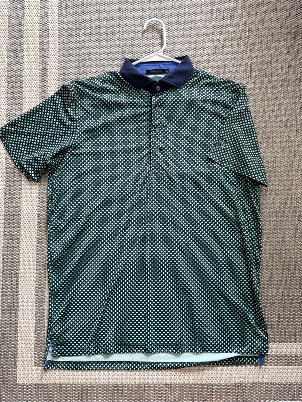 Greyson Men's Green Micro-Pattern Polo with Navy Collar